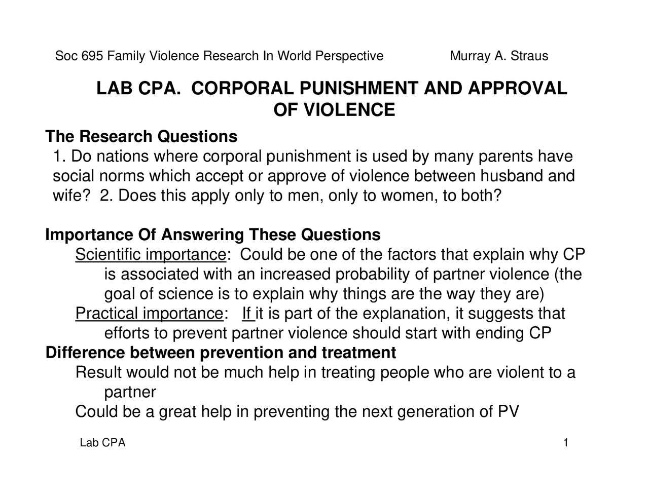 LAB CPA.CORPORAL PUNISHMENT AND APPROVALOF VIOLENCE - Docsity