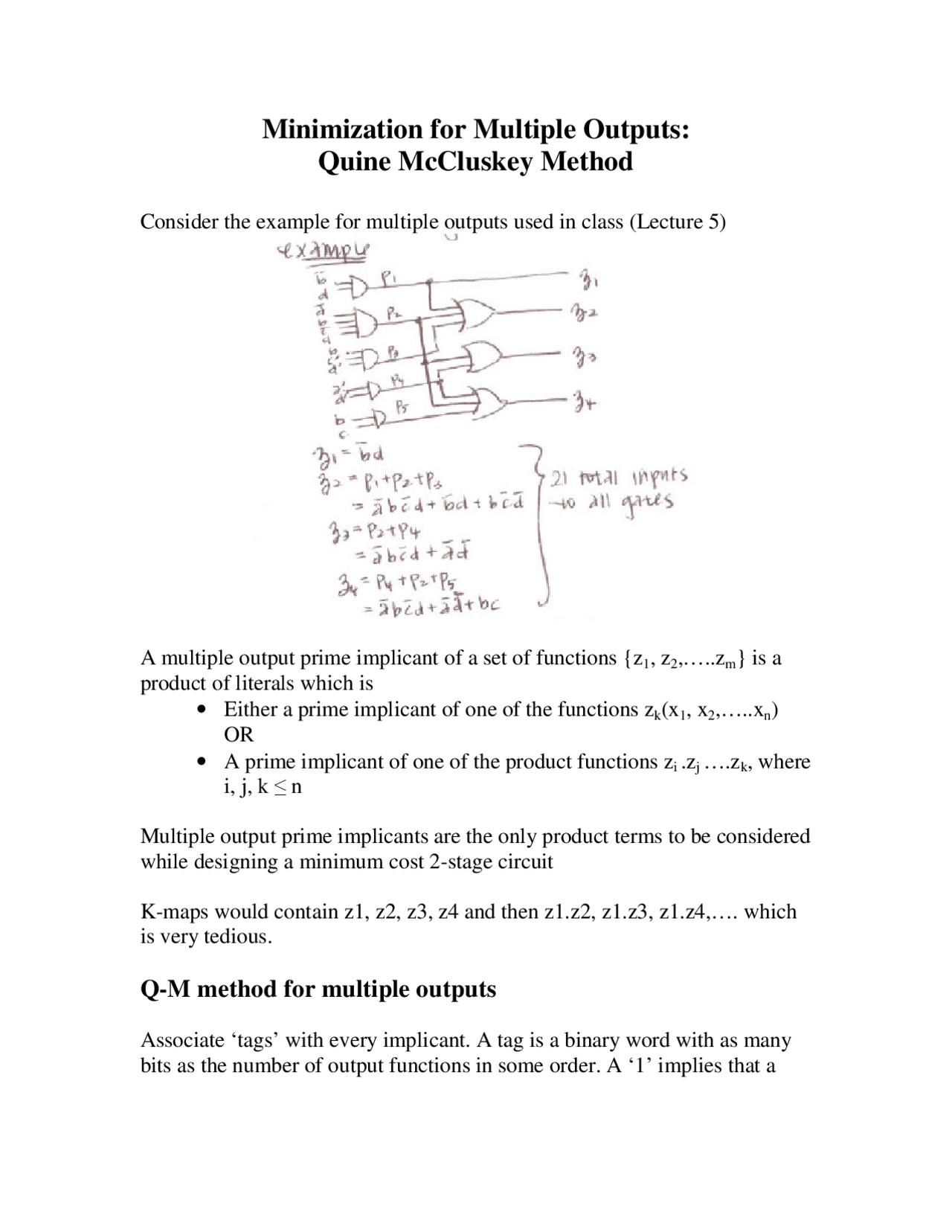 Multiple Output Minimization Minimization for Multiple Outputs | Logic Synthesis | ECE 462 - Docsity