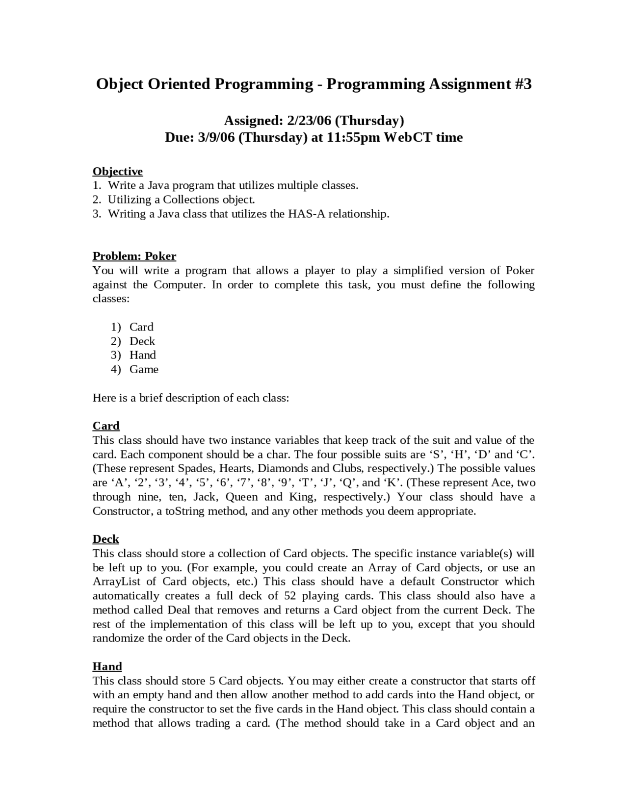 Object Oriented Programming - Programming Assignment 3 | COP 3330 - Docsity