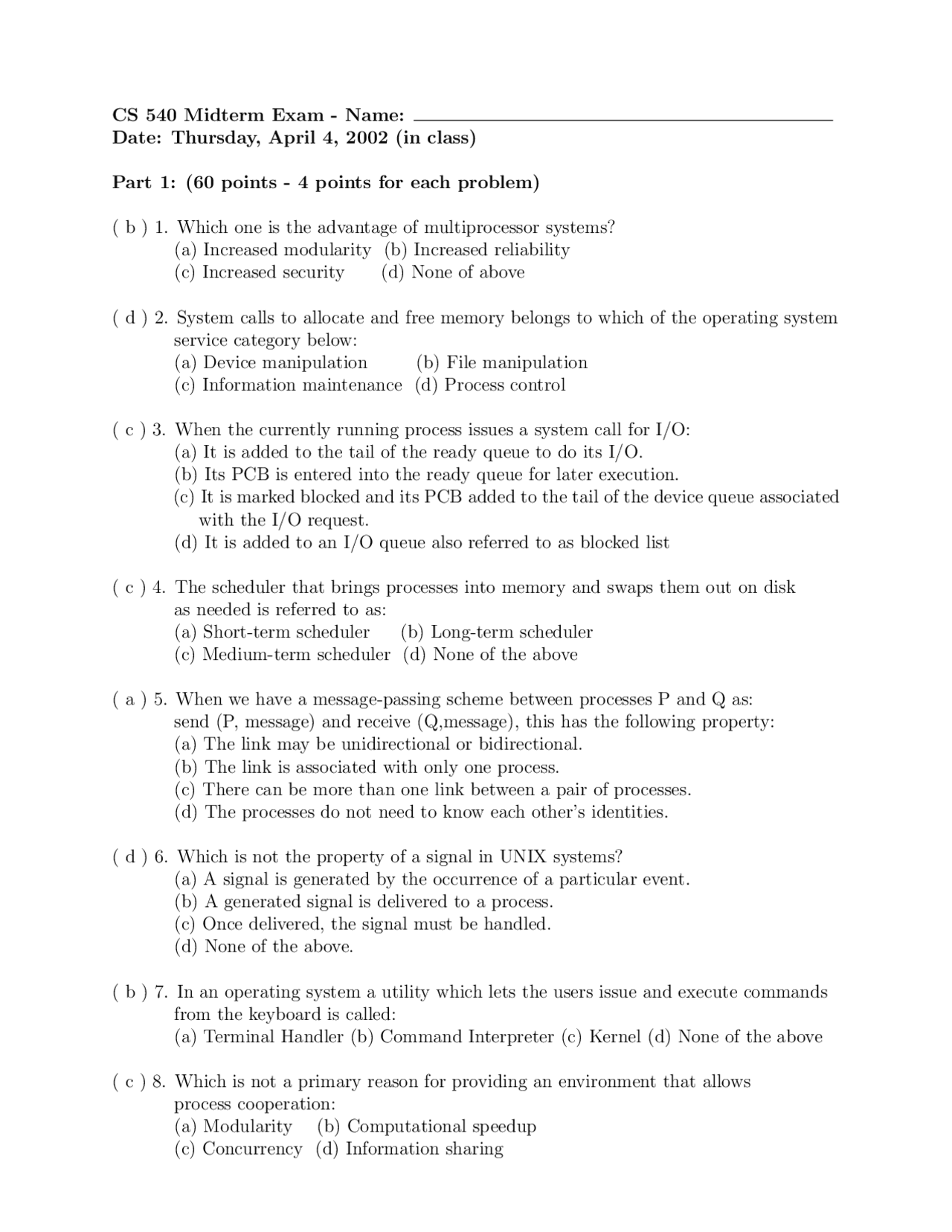 7 Questions with Solution of Operating Systems - Midterm Exam | CS 540 ...