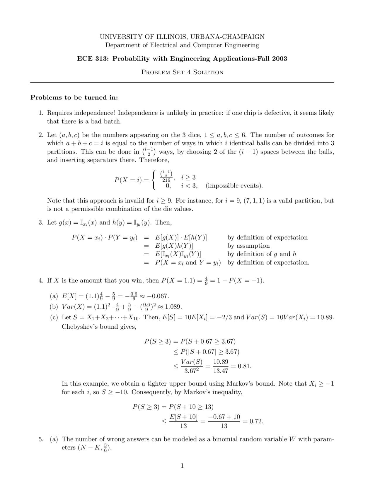 Problem Set 4 Solutions Probability With Engineering Applications Ece 313 Docsity