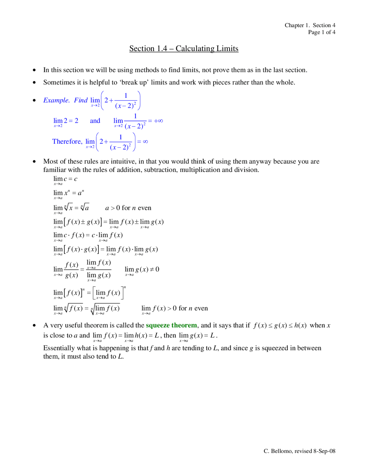 Solved Problems to Calculate the Limits in Calculus I | MATH 181 - Docsity
