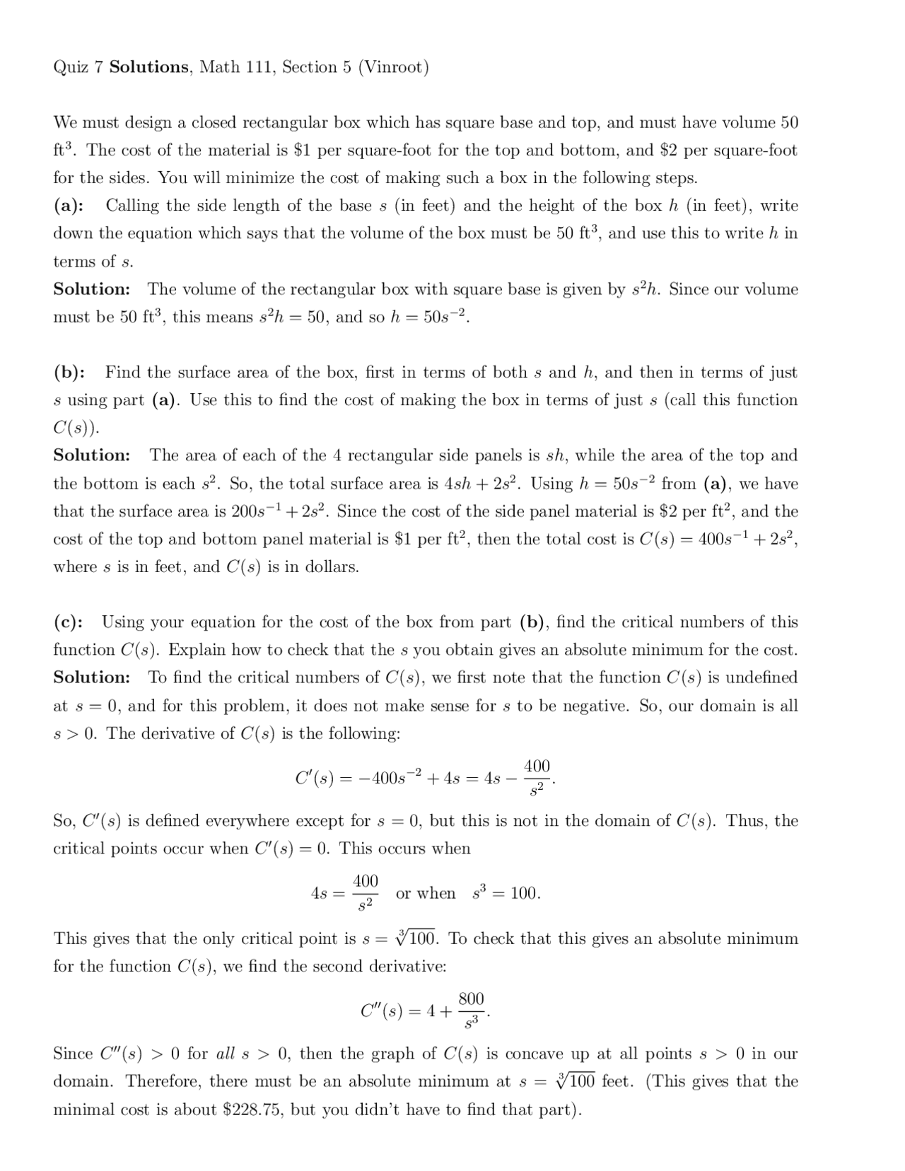 Problems with Solutions on Calculus I - Quiz 7 | MATH 111 - Docsity
