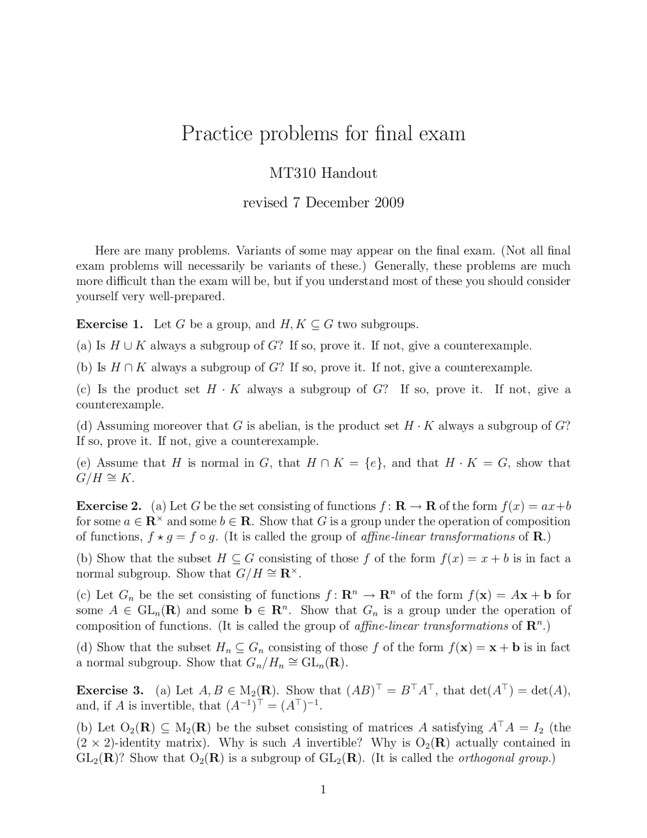 Abstract Algebra Word Problem Practice Problems for Final Exam - Introduction to Abstract Algebra ...