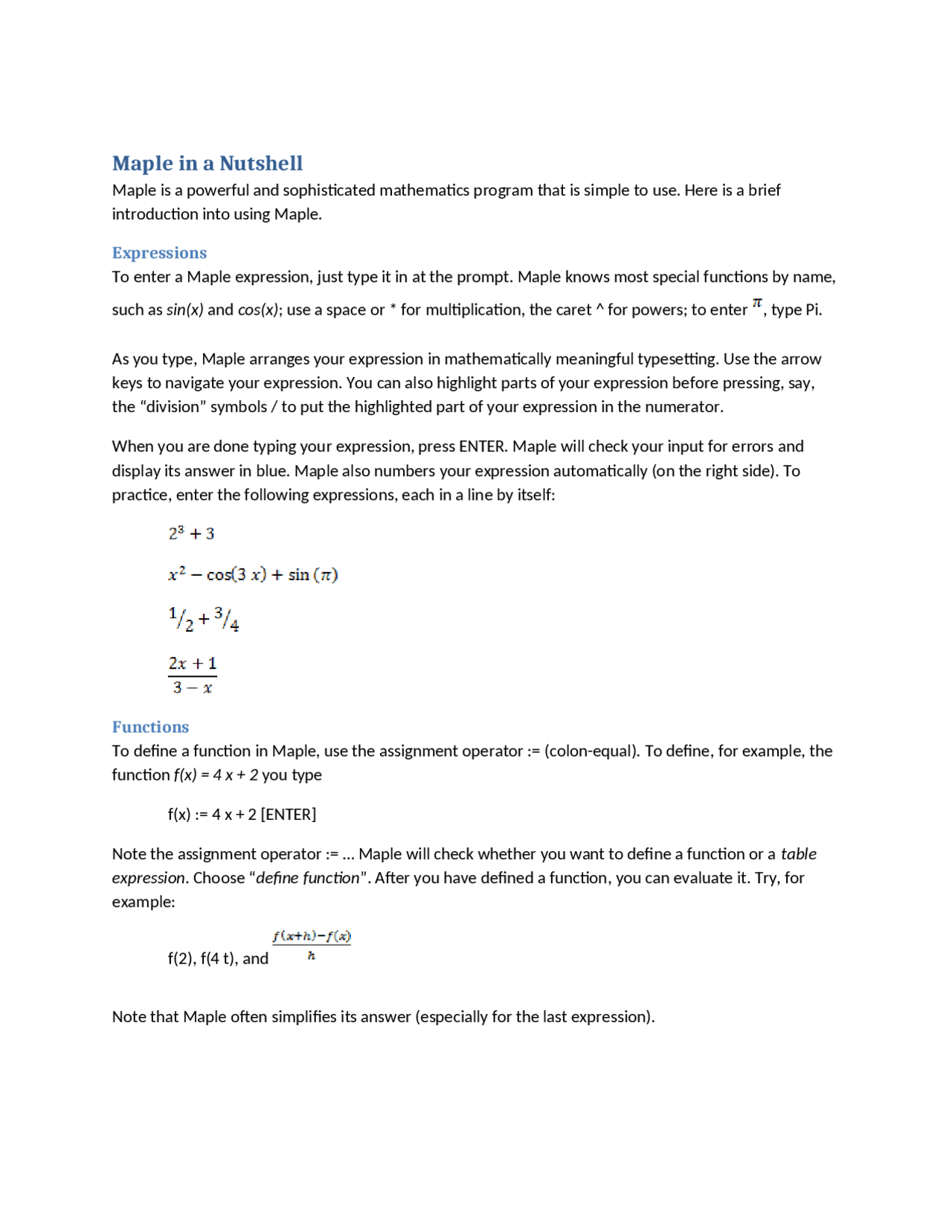 Maple in a Nutshell - Lecture Notes | MATH 1015 - Docsity
