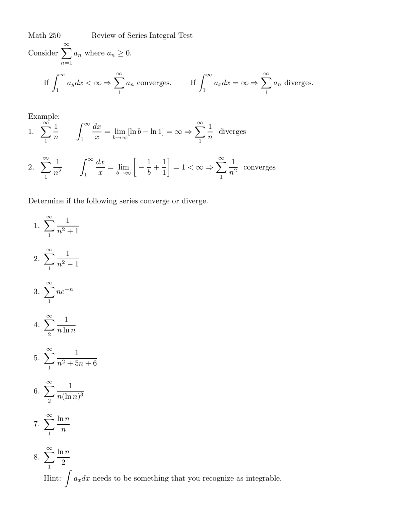 Integral Test Calc 2 Examples Review of Series Integral Test - Calculus II | MATH 250 - Docsity