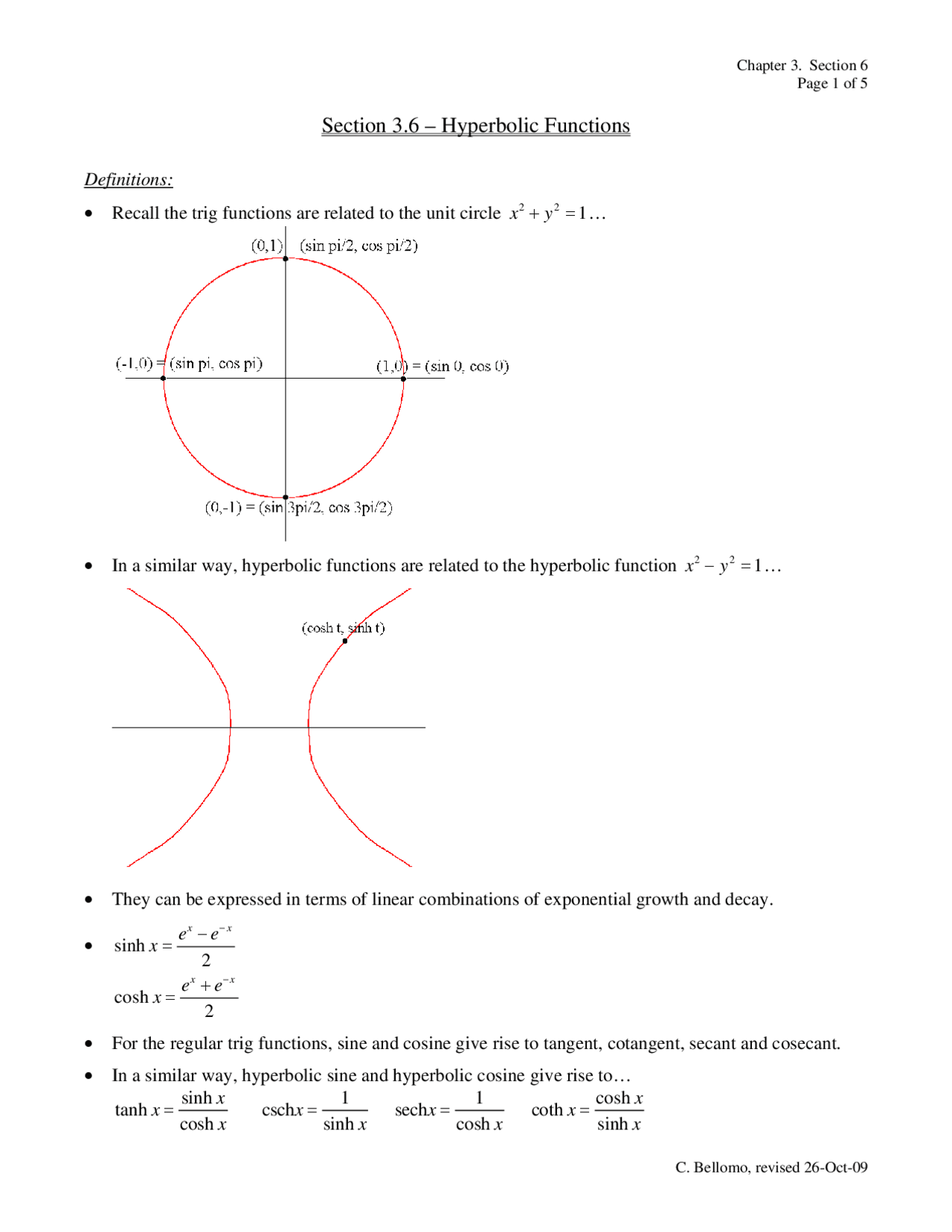 Notes on Hyperbolic Functions - Calculus I | MATH 181 - Docsity