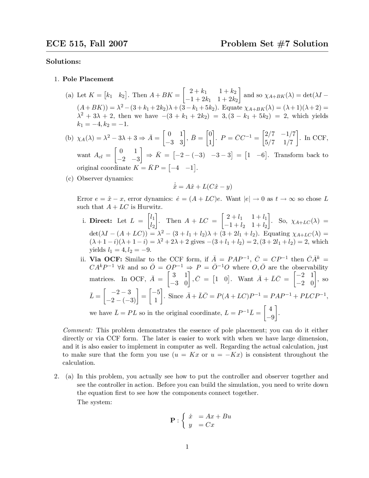 Pole Counting Problem Pole Placement - Problem Set 7 with Solutions | ECE 515 - Docsity