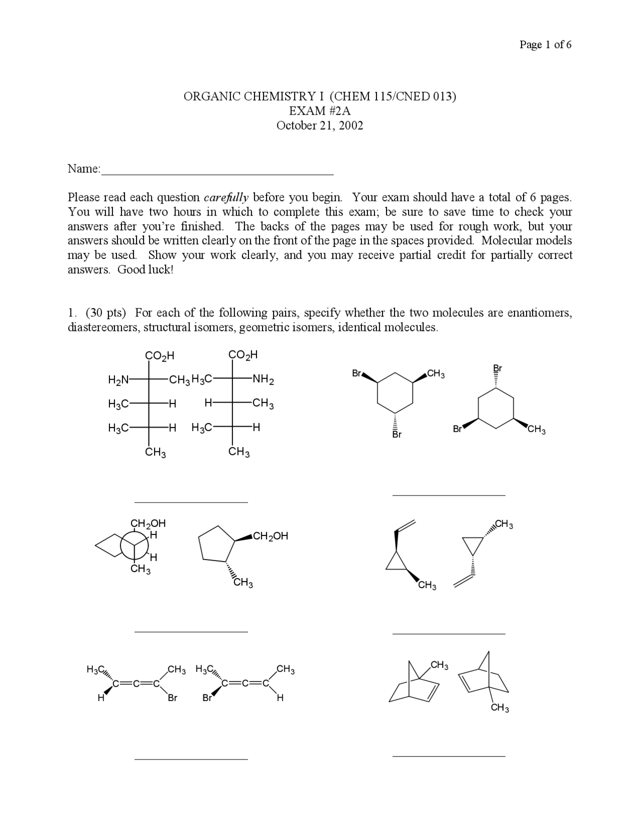 Exam 2A - Fall 2002 | Organic Chemistry I | CHEM 115 - Docsity