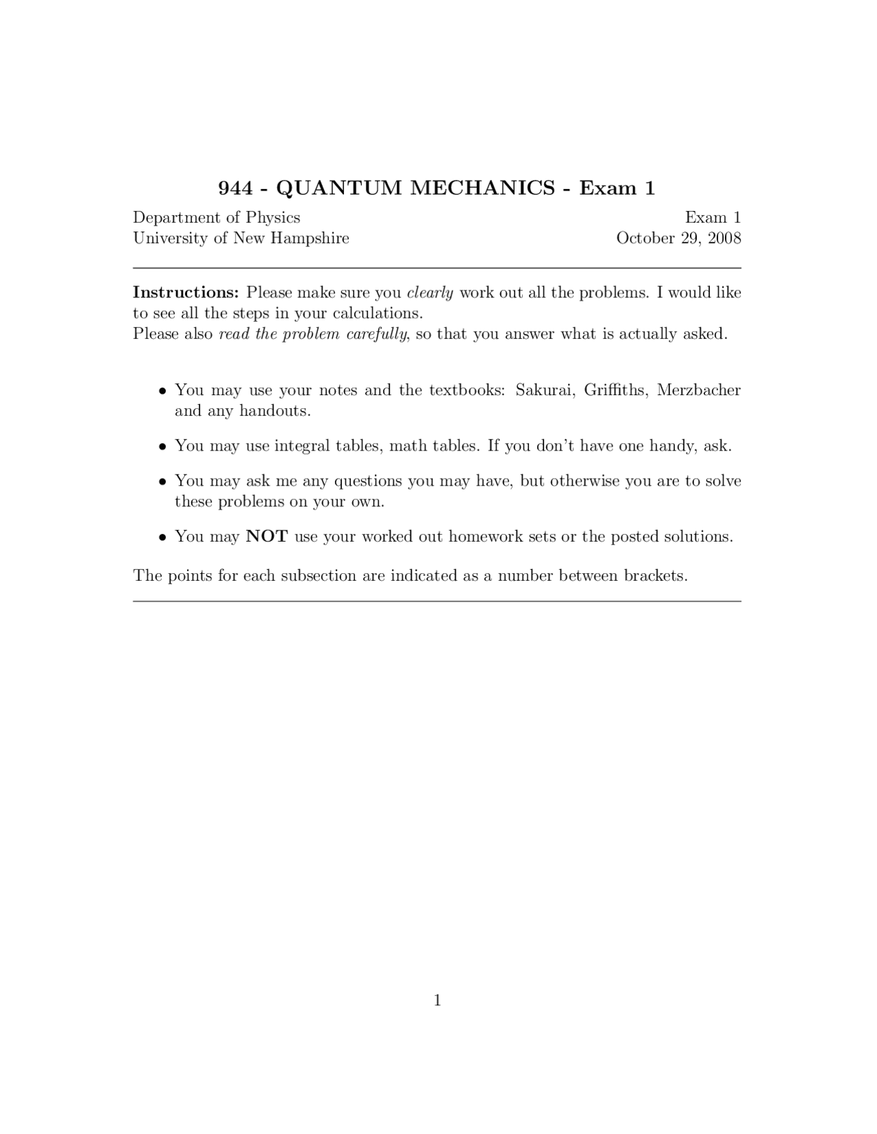 Test I Questions on Quantum Mechanics II PHYS 944 Docsity