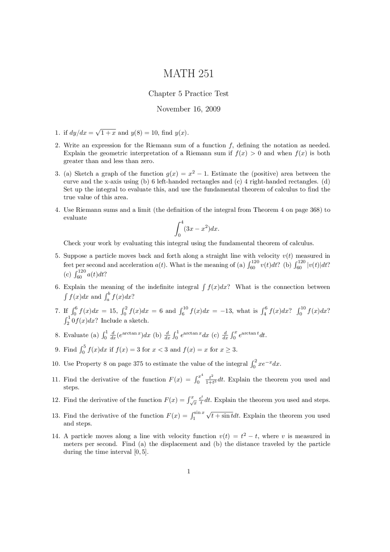 Practice Test Questions for Calculus I | MATH 251 - Docsity