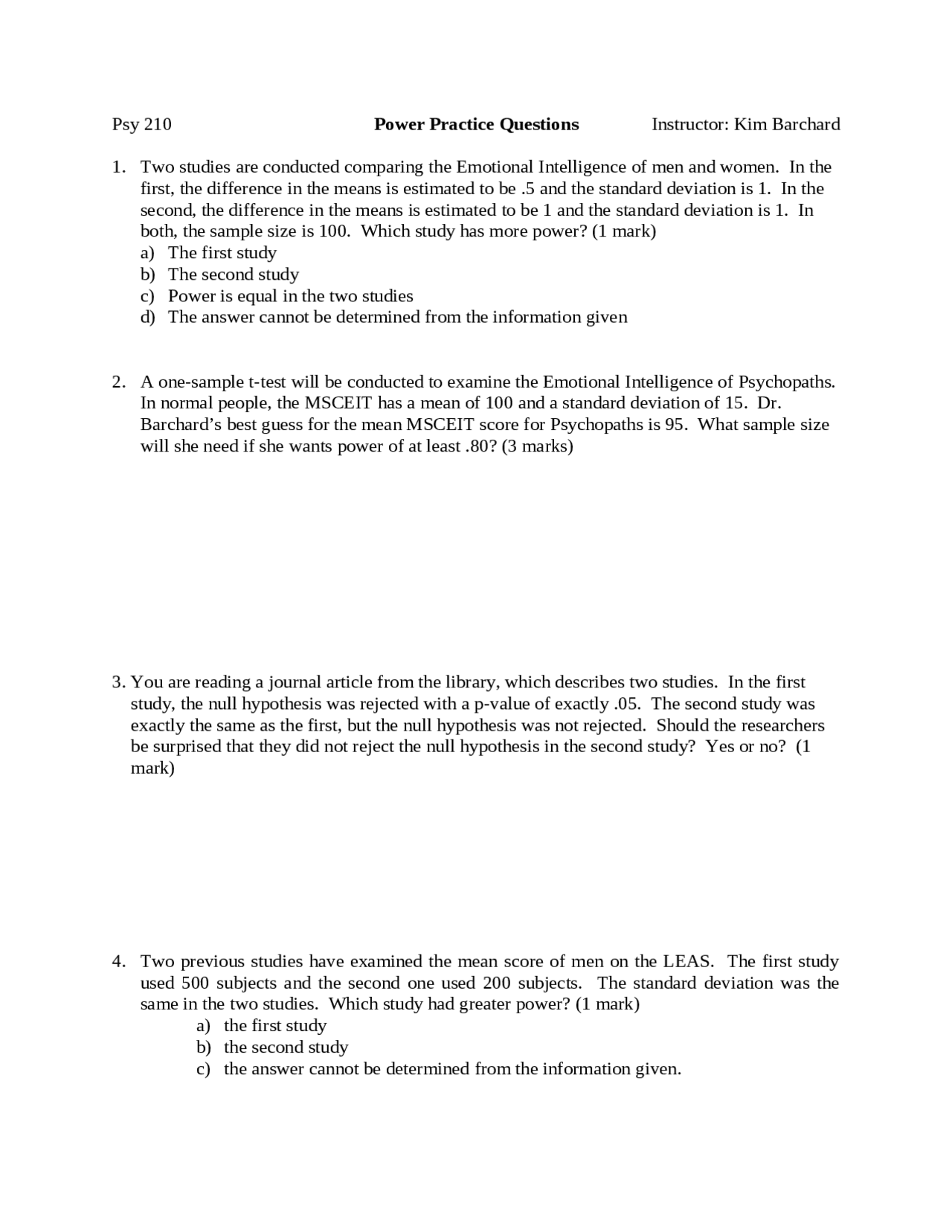 Power Practice Questions - Introduction to Statistical Methods | PSY ...