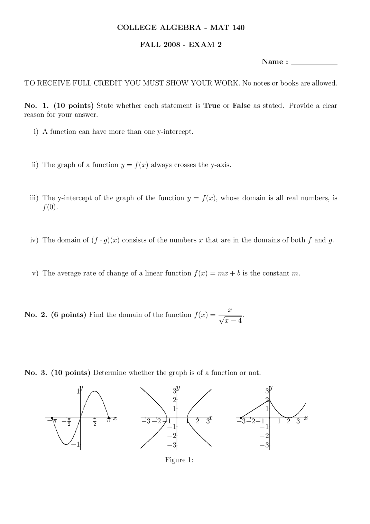 9 Questions for Examination 2 - College Algebra | MAT 140 - Docsity