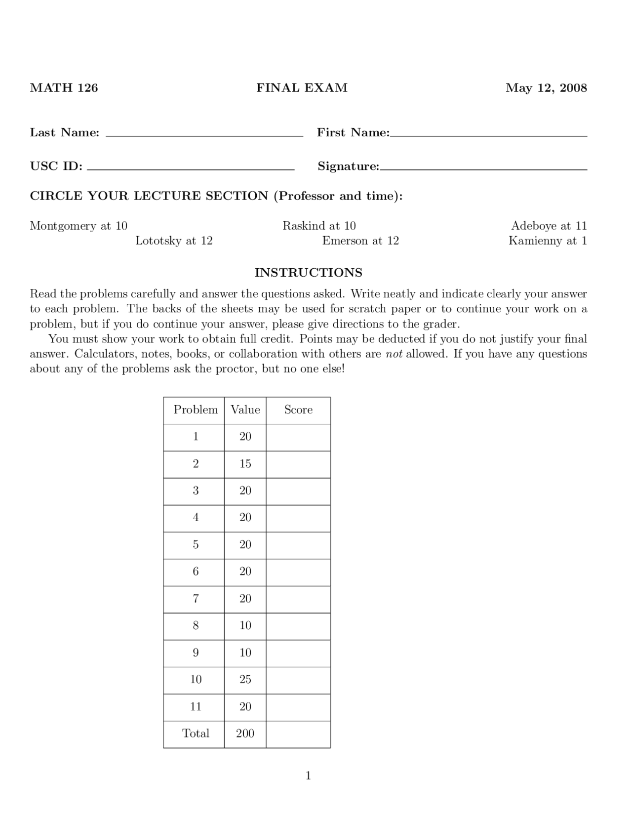 MATH 126 Final Exam: Integrals, Limits, Differential Equations, and ...