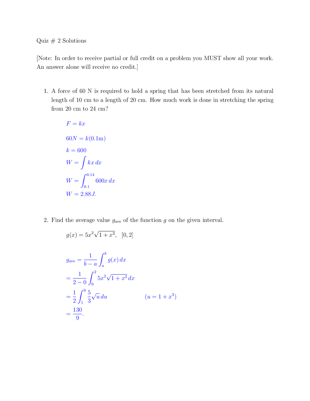 Calculus 2 Long Problem Quiz 2 Solutions - 2 Problems on Calculus II | MATH 1132 - Docsity