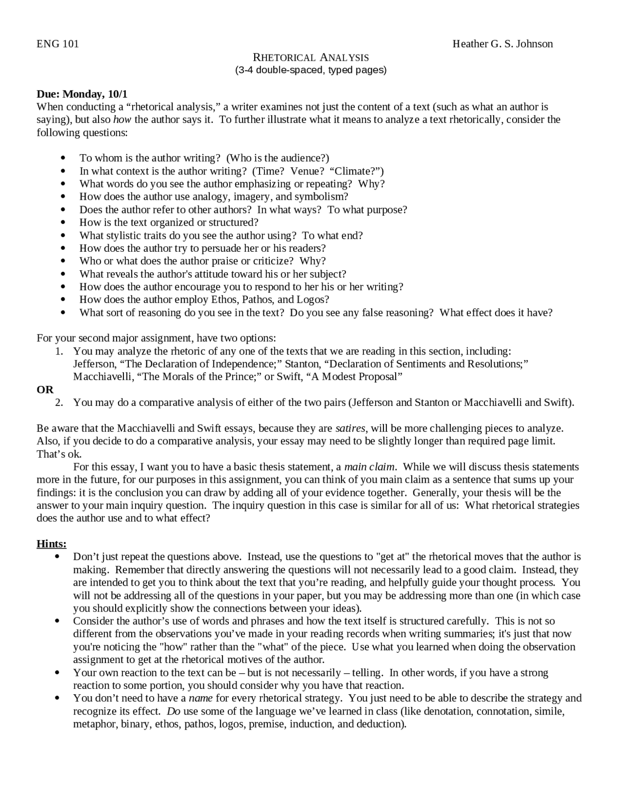 Rhetorical Analysis - English Composition I | ENG 101 - Docsity