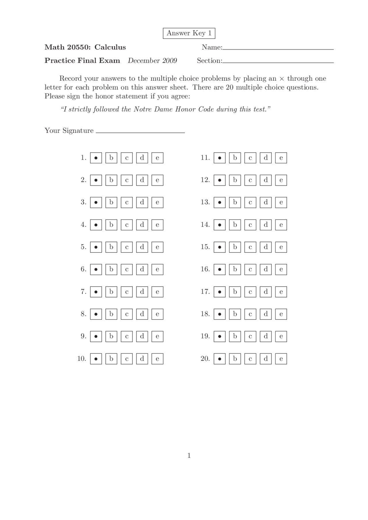 20 MCQs on Notre Dame Honor Code Final Examination MATH 20550 Docsity