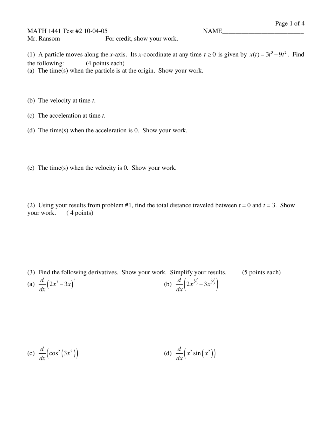 Test 2 with 10 Questions - Calculus I | MATH 1441 - Docsity