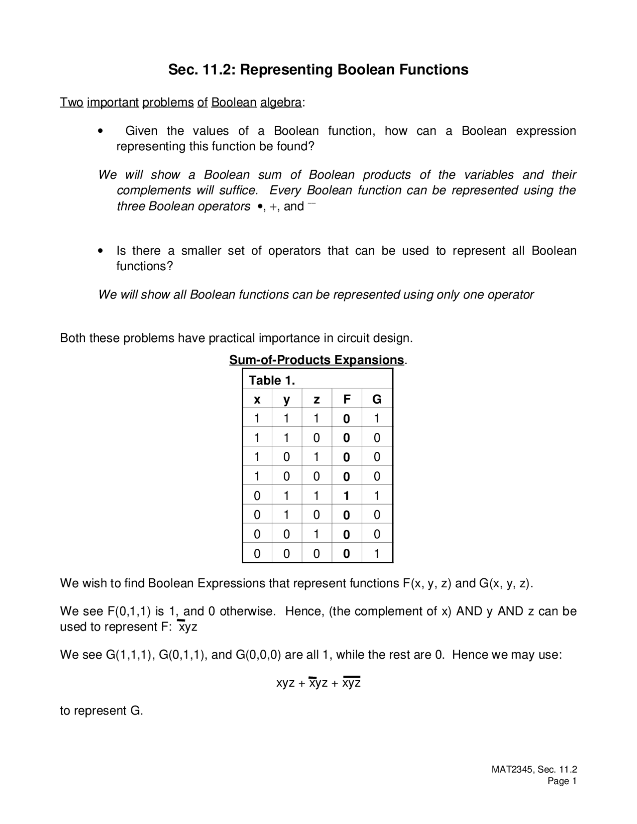 Representing Boolean Functions - Lecture Notes | MAT 2345 - Docsity