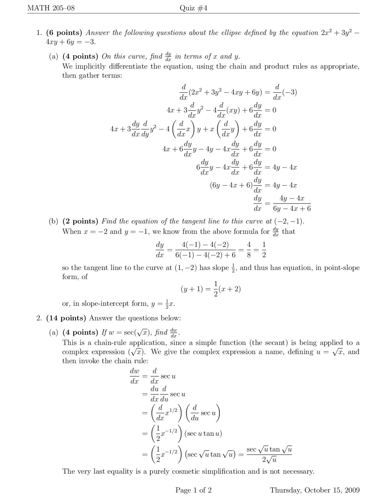 Quiz #4 with Solutions - Calculus I | MATH 205 - Docsity