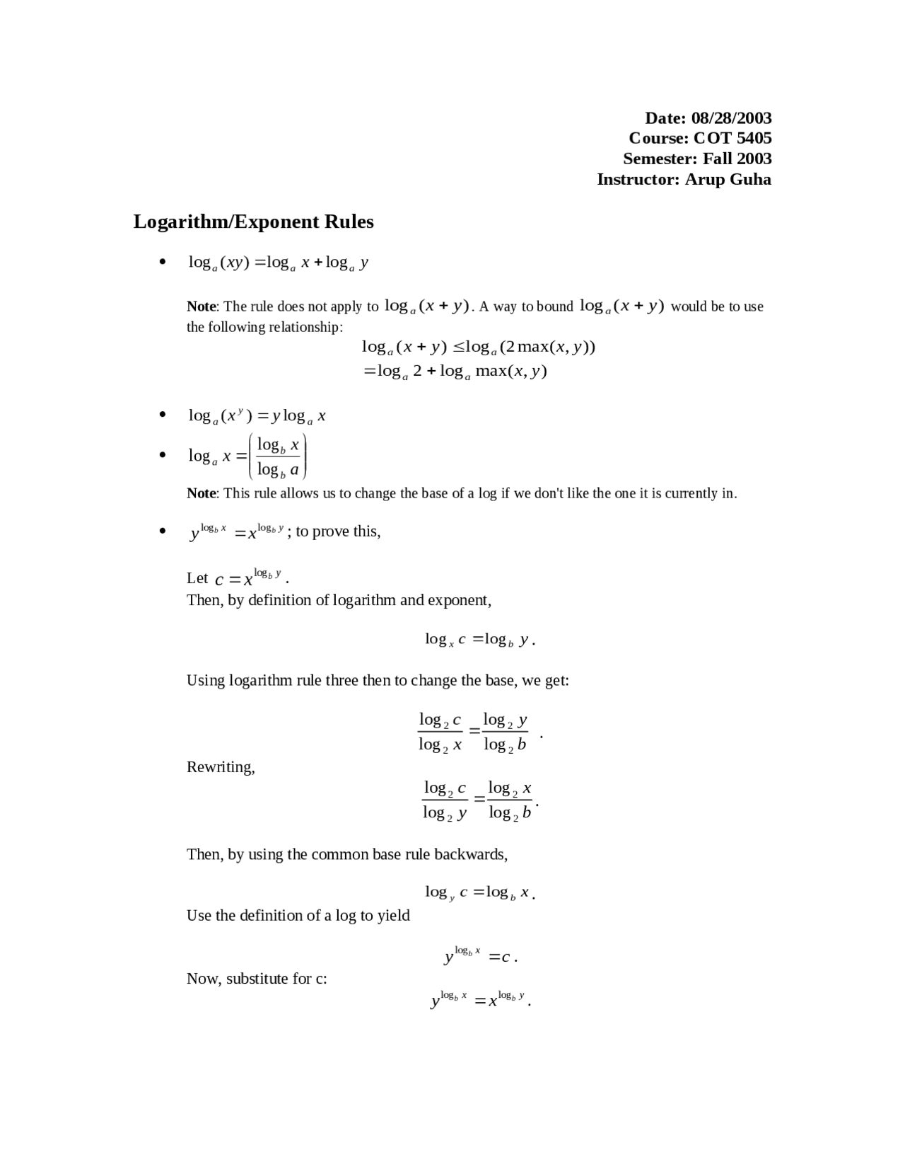 Logarithmic And Exponential Rules Notes.pdf Logarithm and Exponent Rules - Lecture Notes | COT 5405 - Docsity