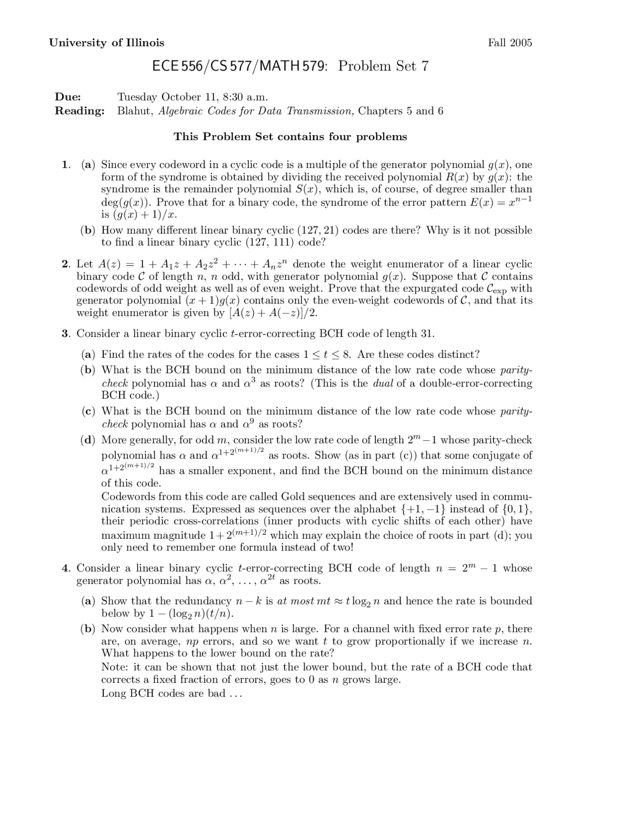 Coding Theory - Problem Set 7 | ECE 556 - Docsity