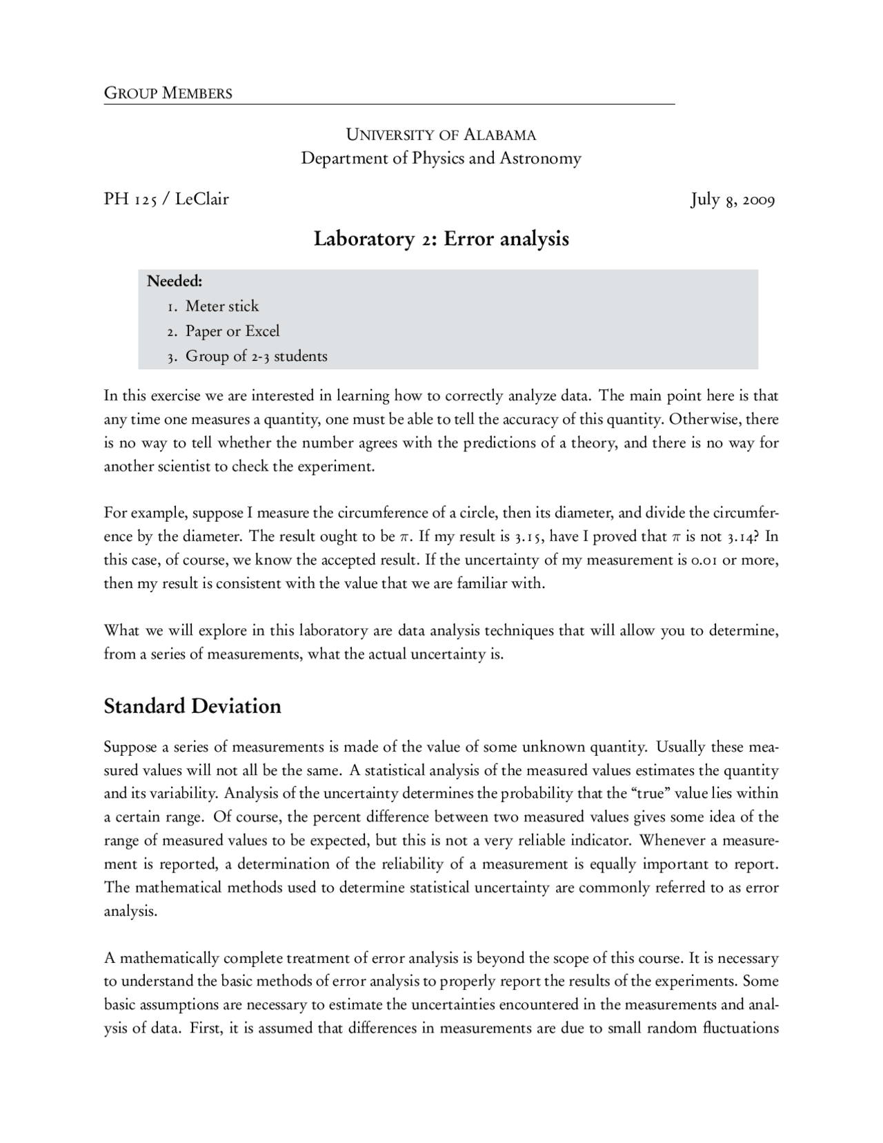 Physics Lab Errortable Error Analysis: General Physics with Calculus - Lab 2 Report | PH 125 ...