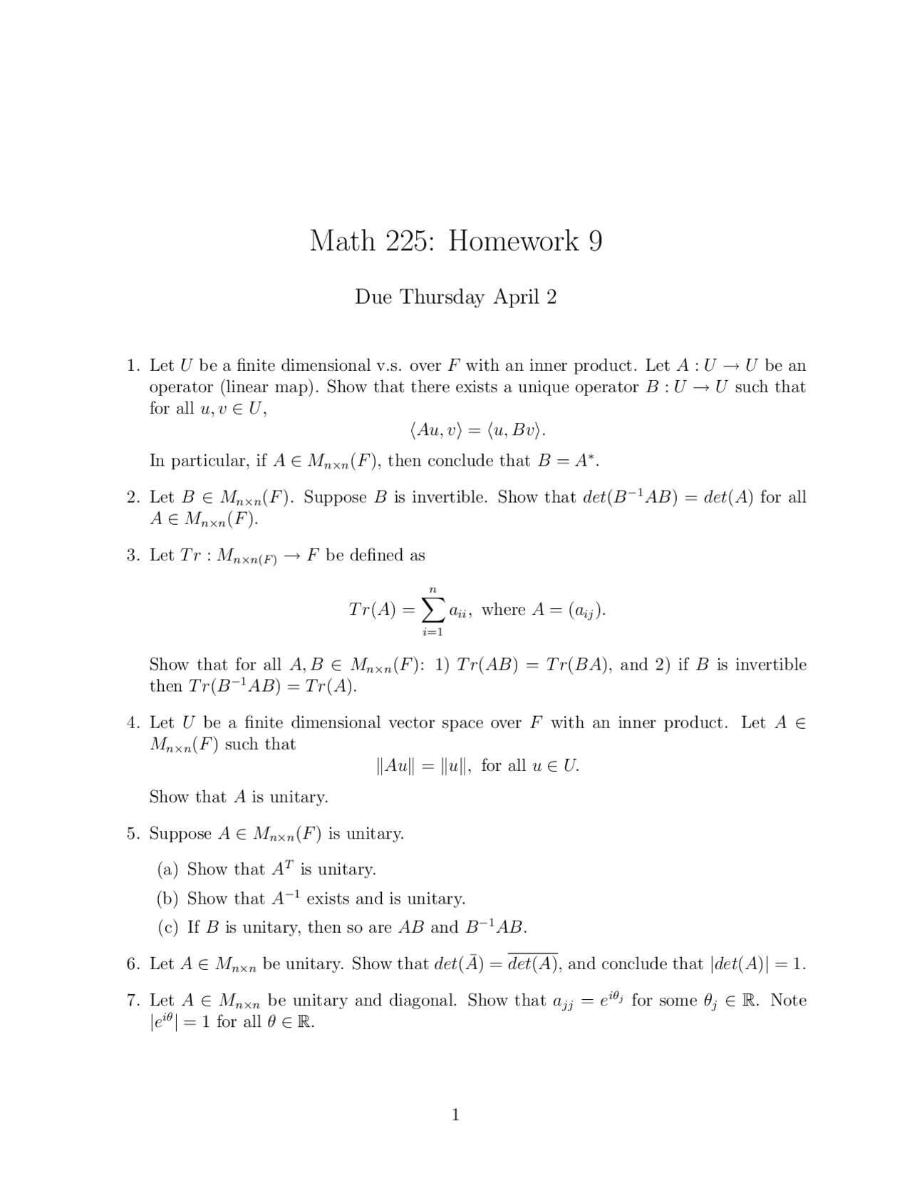 Math Homework University Homework 9 Practice Problems on Linear Algebra and Matrix Theory | MATH ...