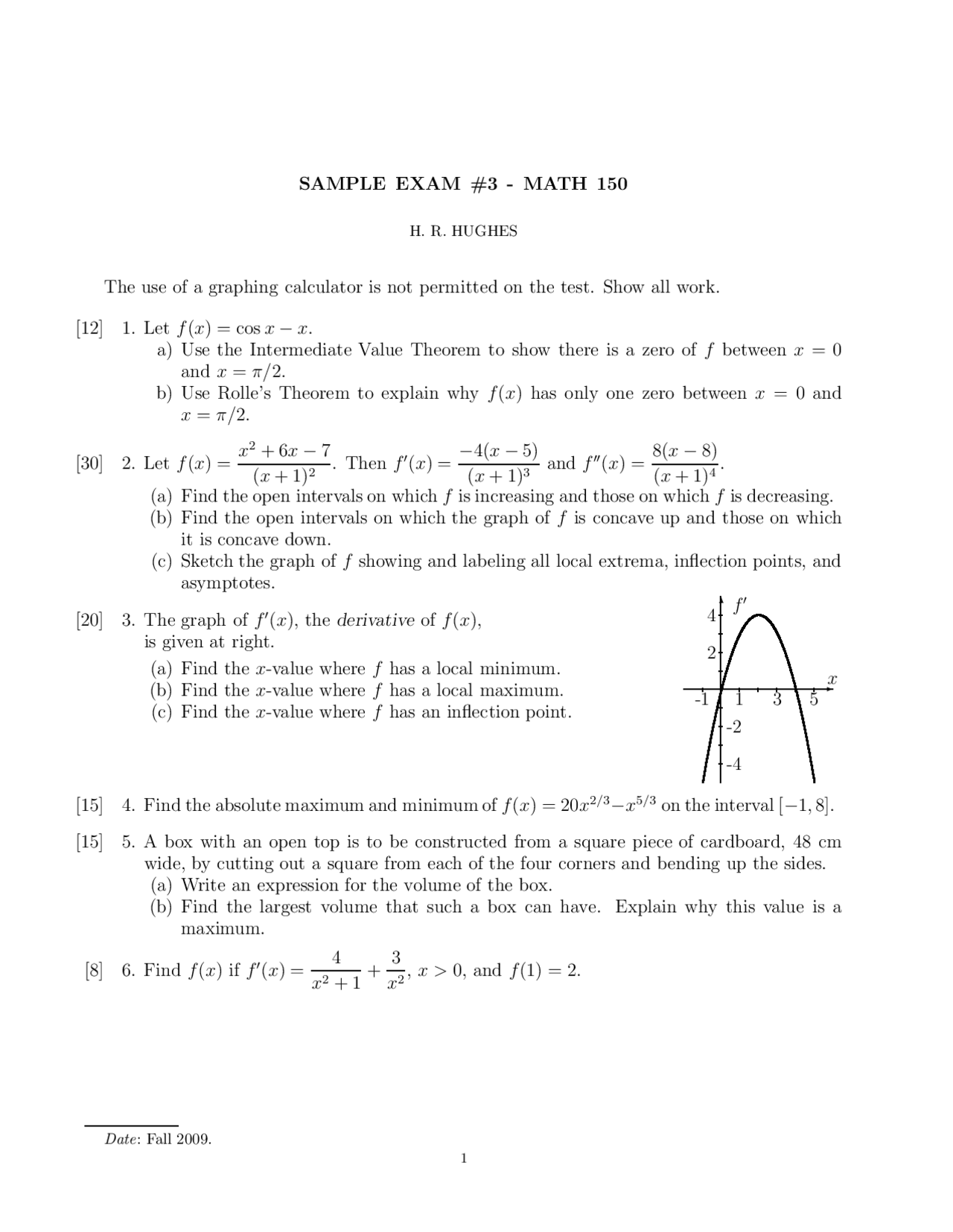 Sample Questions for Exam 3 - Calculus I | MATH 150 - Docsity