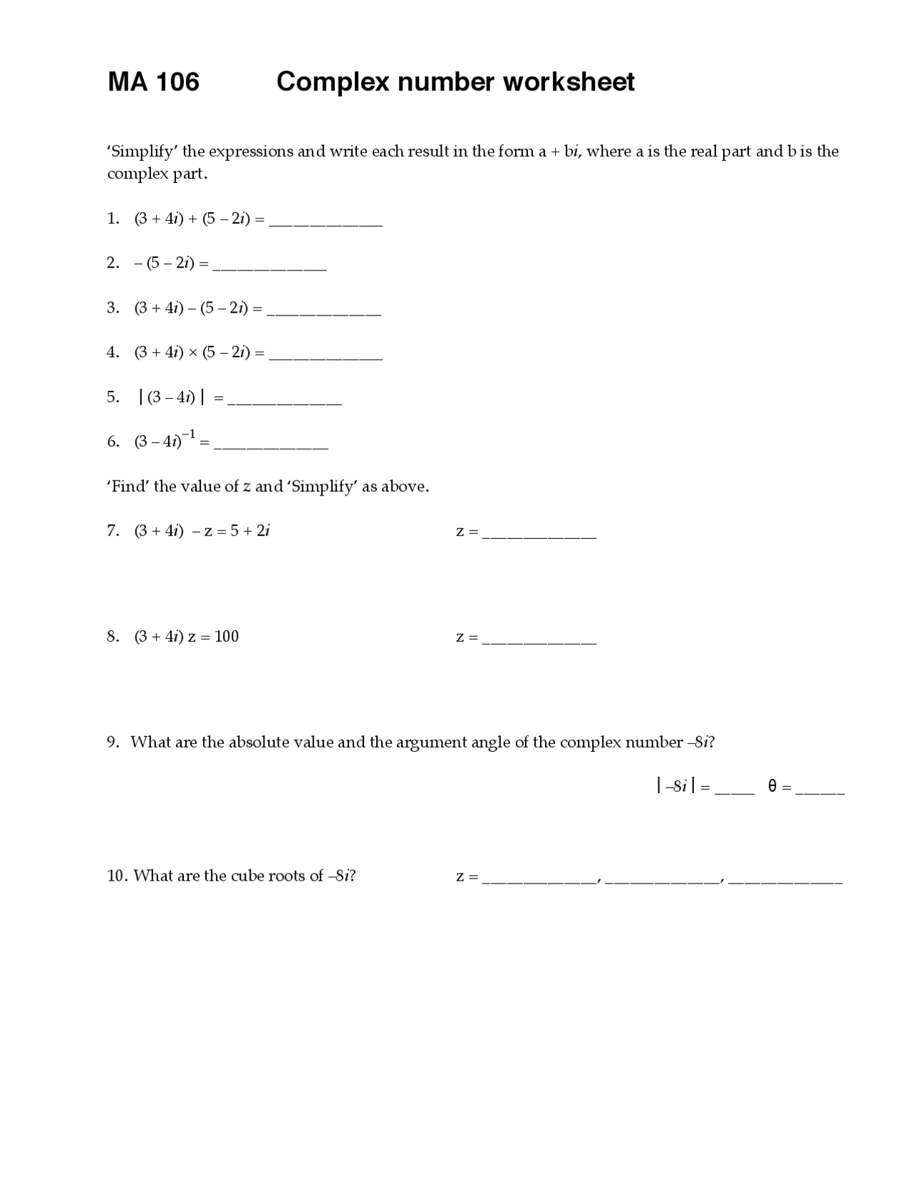 Complex Transposition In Math Worksheet Worksheet for Complex Number - Trigonometry | MA 106 - Docsity