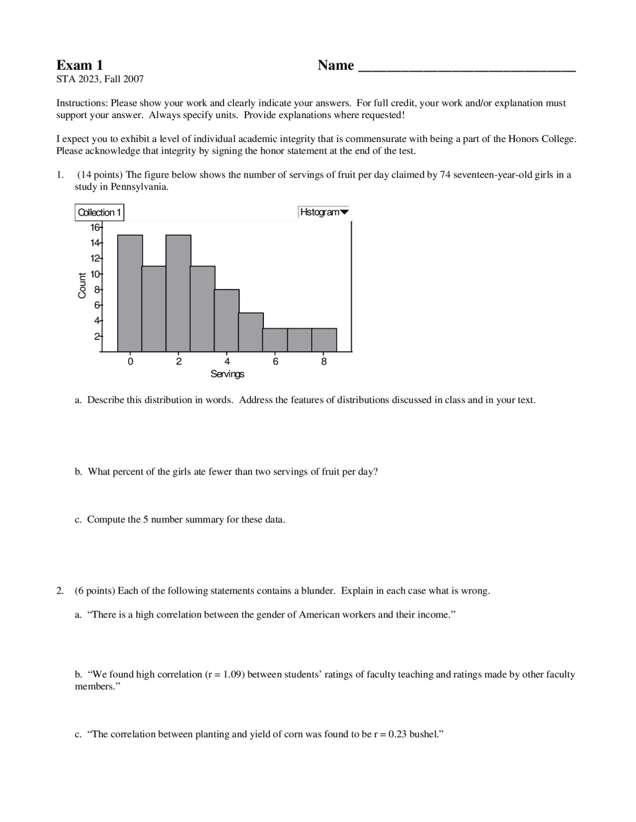 Past Exam Questions - Introductory Statistics - Fall 2007 | STA 2023 ...