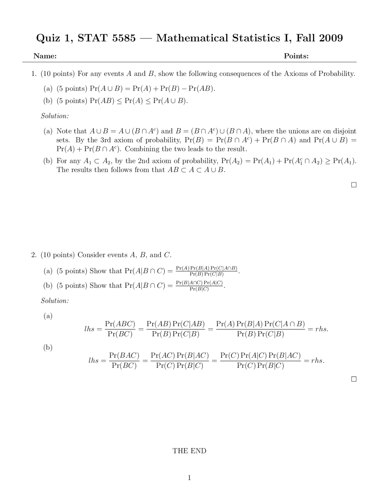 Quiz 1 - 2 Questions Mathematical Statistics I with Solution | STAT ...