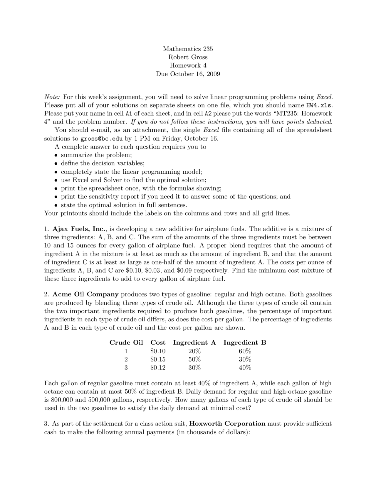 Management Science Math Mathematics for Management Science - Homework 4 Problems | MT 235 - Docsity