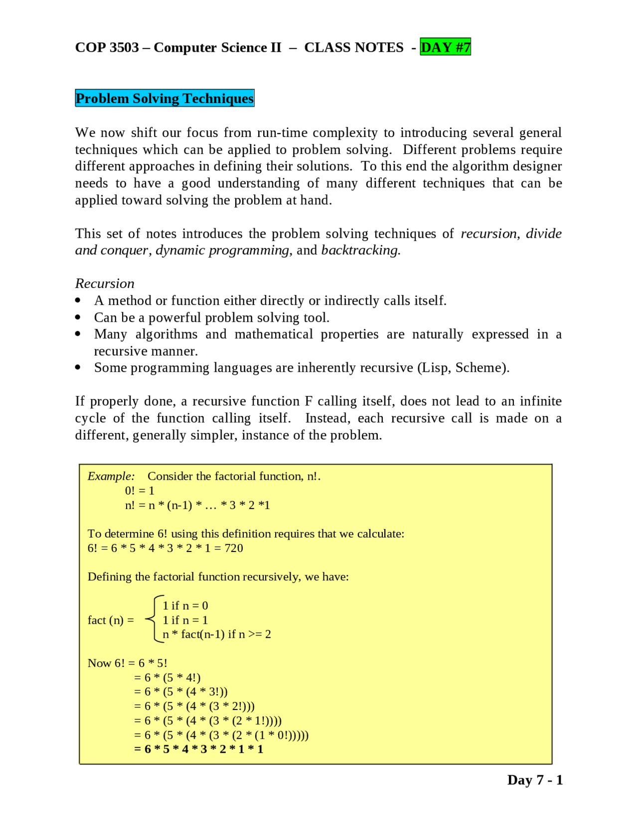 introduction to problem solving - notes - my cs... Lecture Notes on problem Solving Techniques - Computer Science II | COP ...