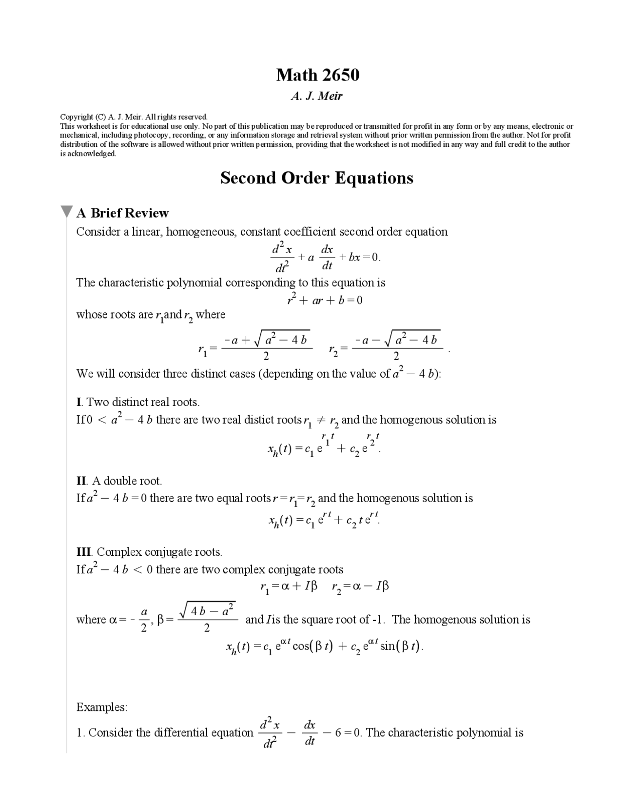 Solved Questions for Second Order Equations | MATH 2650 - Docsity