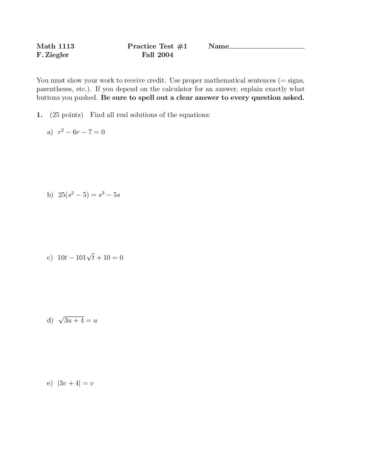 Practice Test 1 for Pre-Calculus - Fall 2004 | MATH 1113 - Docsity