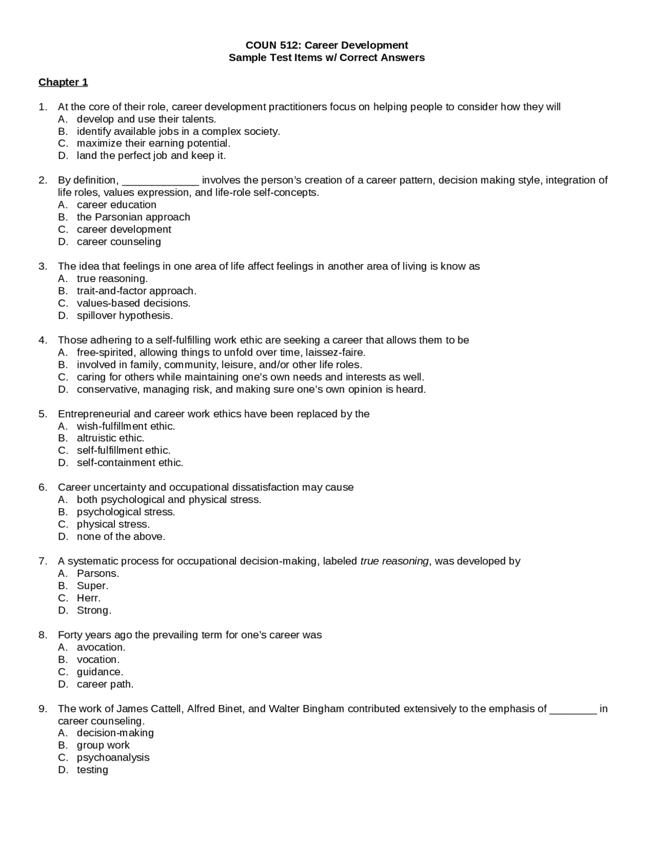Sample Test with Answers for Career Development | COUN 512 - Docsity