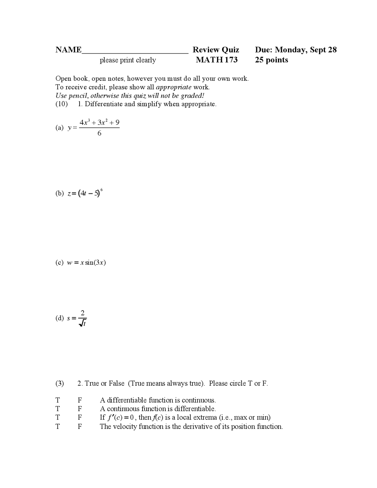 Review Quiz Questions - Calculus II | MATH 173 - Docsity