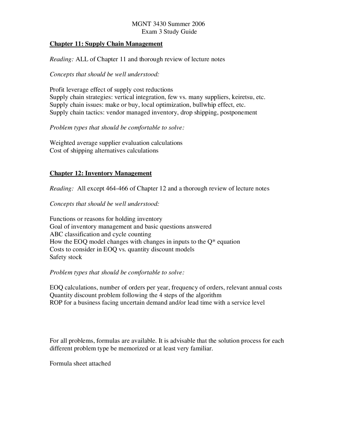 Supply Chain Management, Inventory Management - Exam 3 Study Guide ...