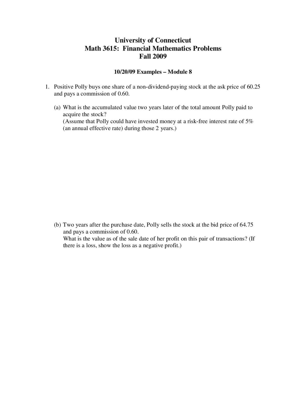 Financial Mathematics Problems - Examples for Module 8 | MATH 3615 ...