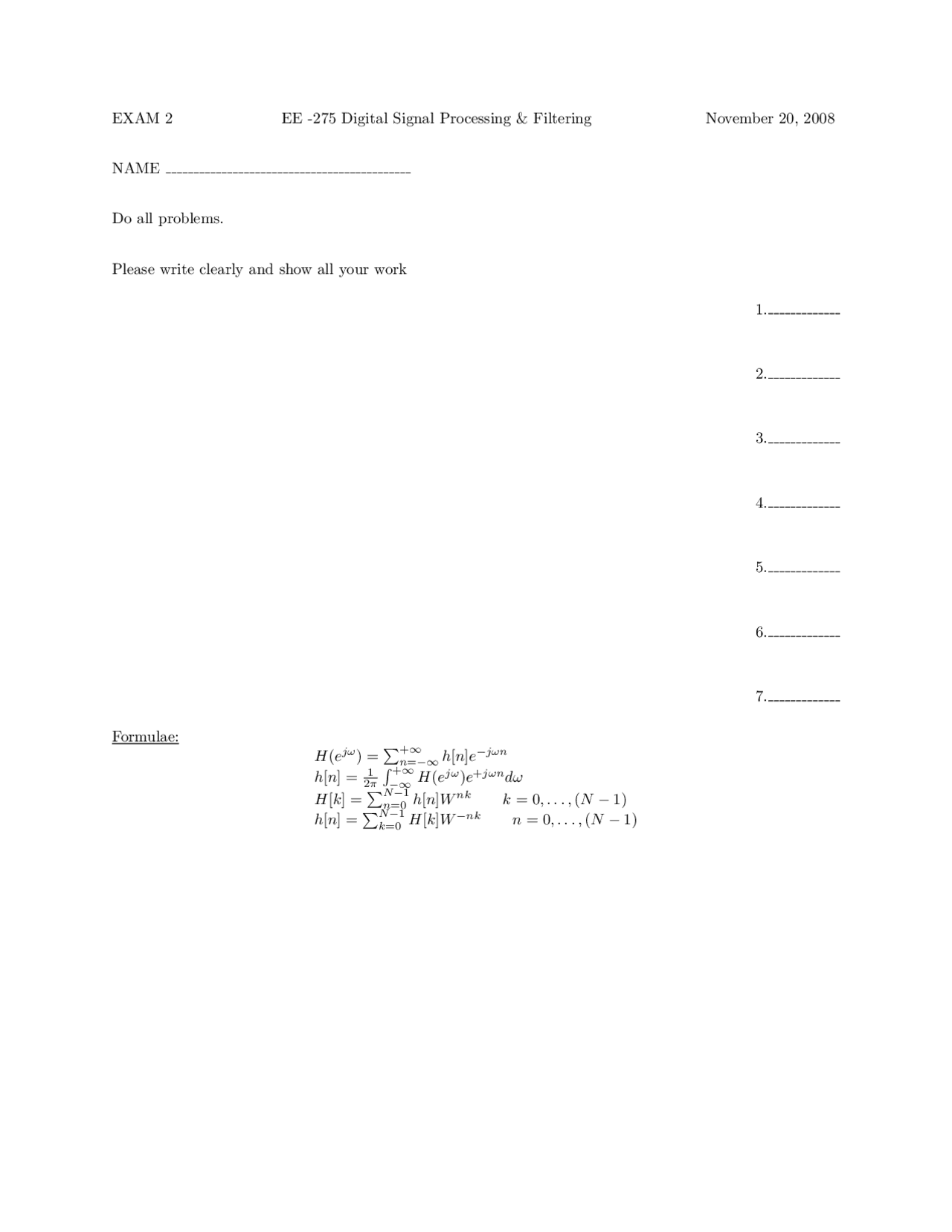 7 Questions Exam 2 for Digital Signal Processing | EE 275 | Exams ...