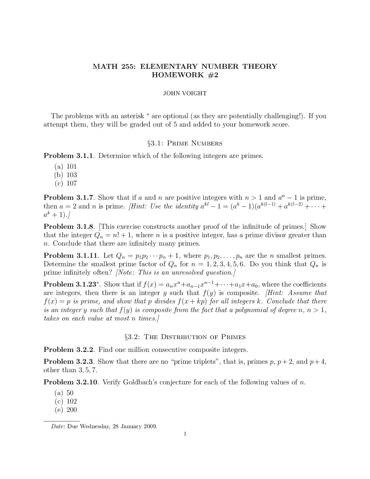 Homework 2 Problems - Elementary Number Theory | MATH 255 - Docsity