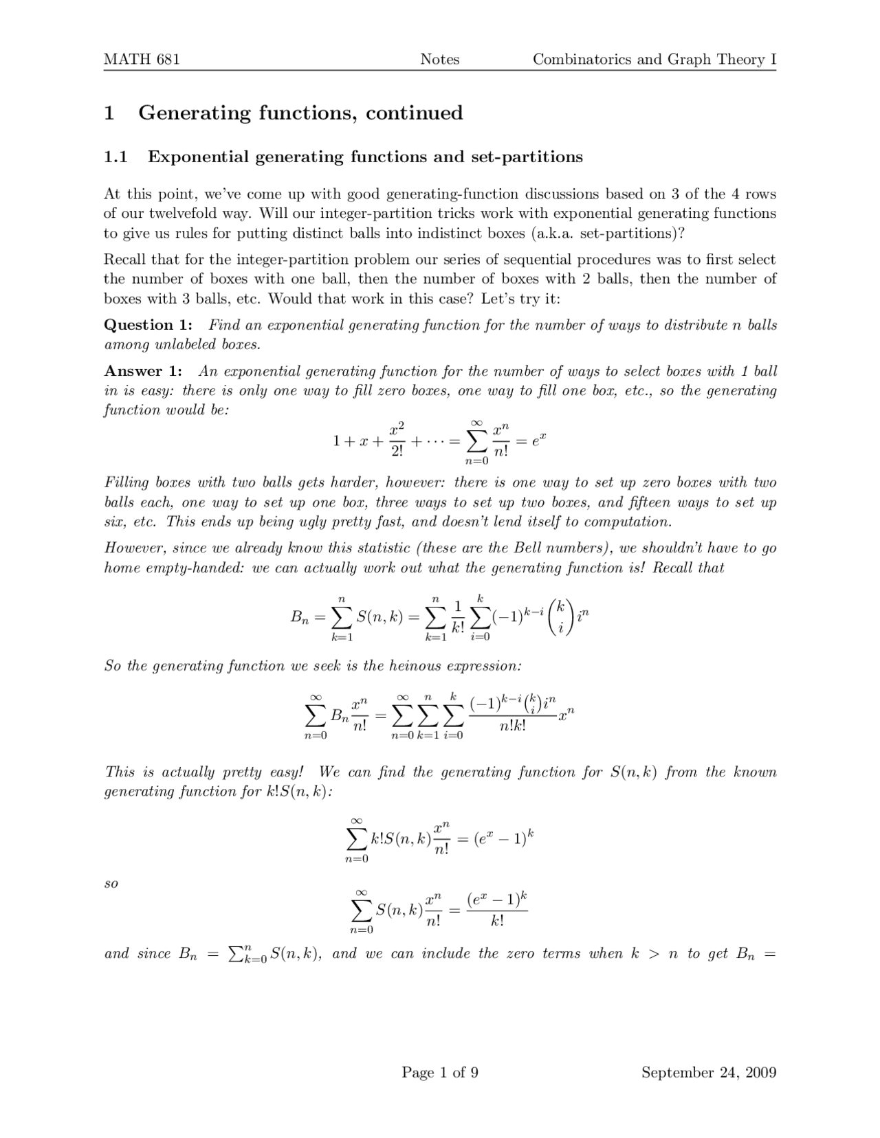 Exponential Generating Functions and the Set Partitions | MATH 681 ...