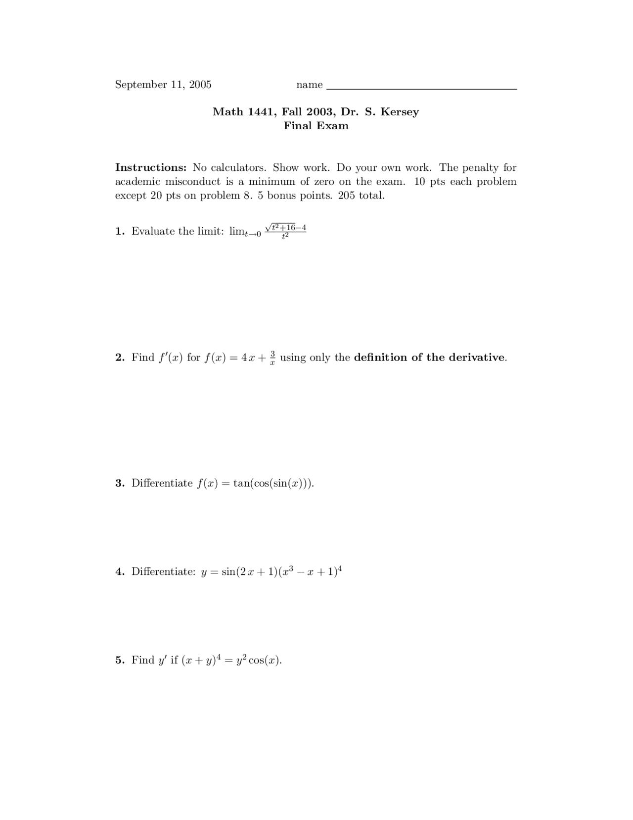 19 Questions on Calculus I - Final Examination 10 - Fall 2005 | MATH ...