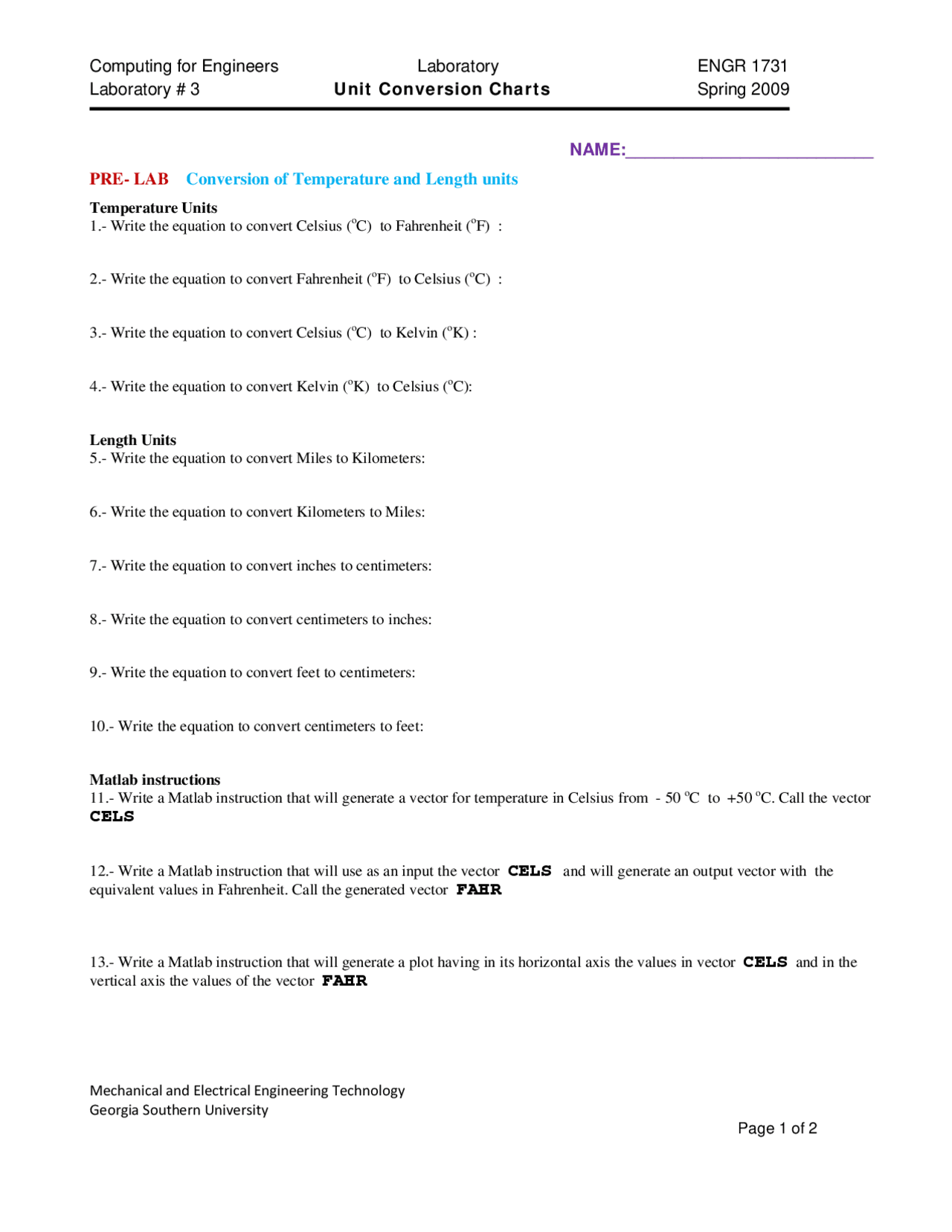 The Unit Conversions Charts in the Laboratory | ENGR 1731 - Docsity