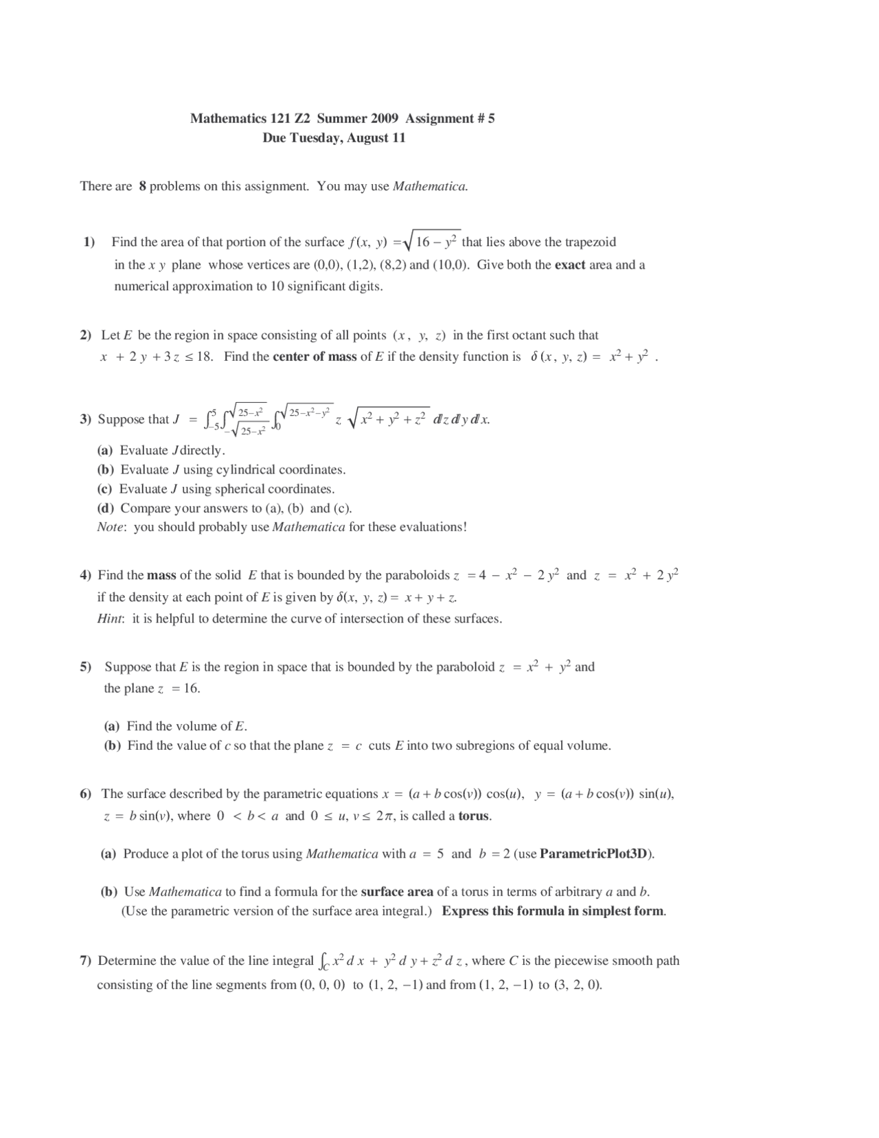 Assignment 5 Calculus Iii 8 Problems Math 121 Docsity