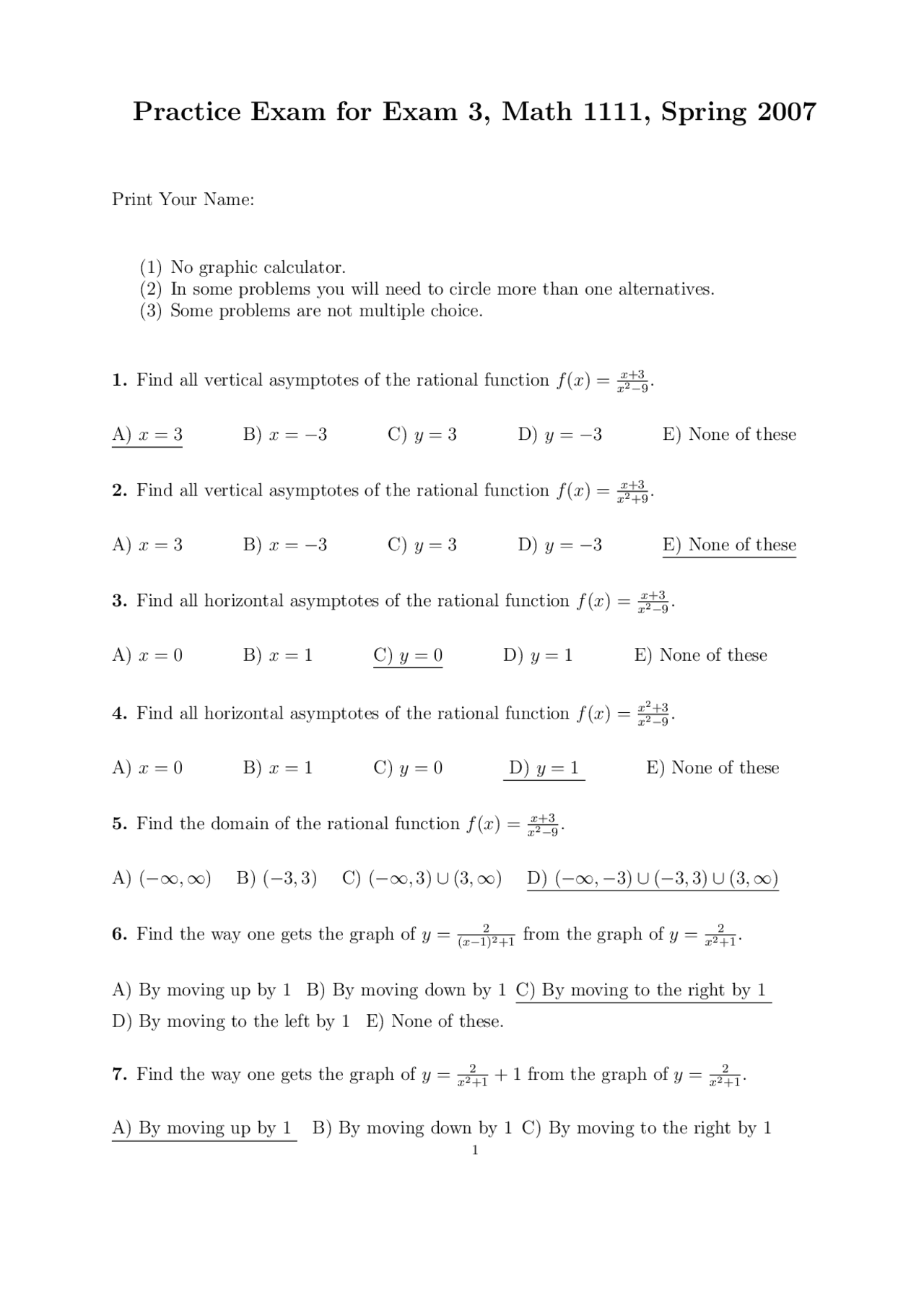 College Math Sample Test Practice Exam - College Algebra | MATH 1111 | Exams Algebra | Docsity