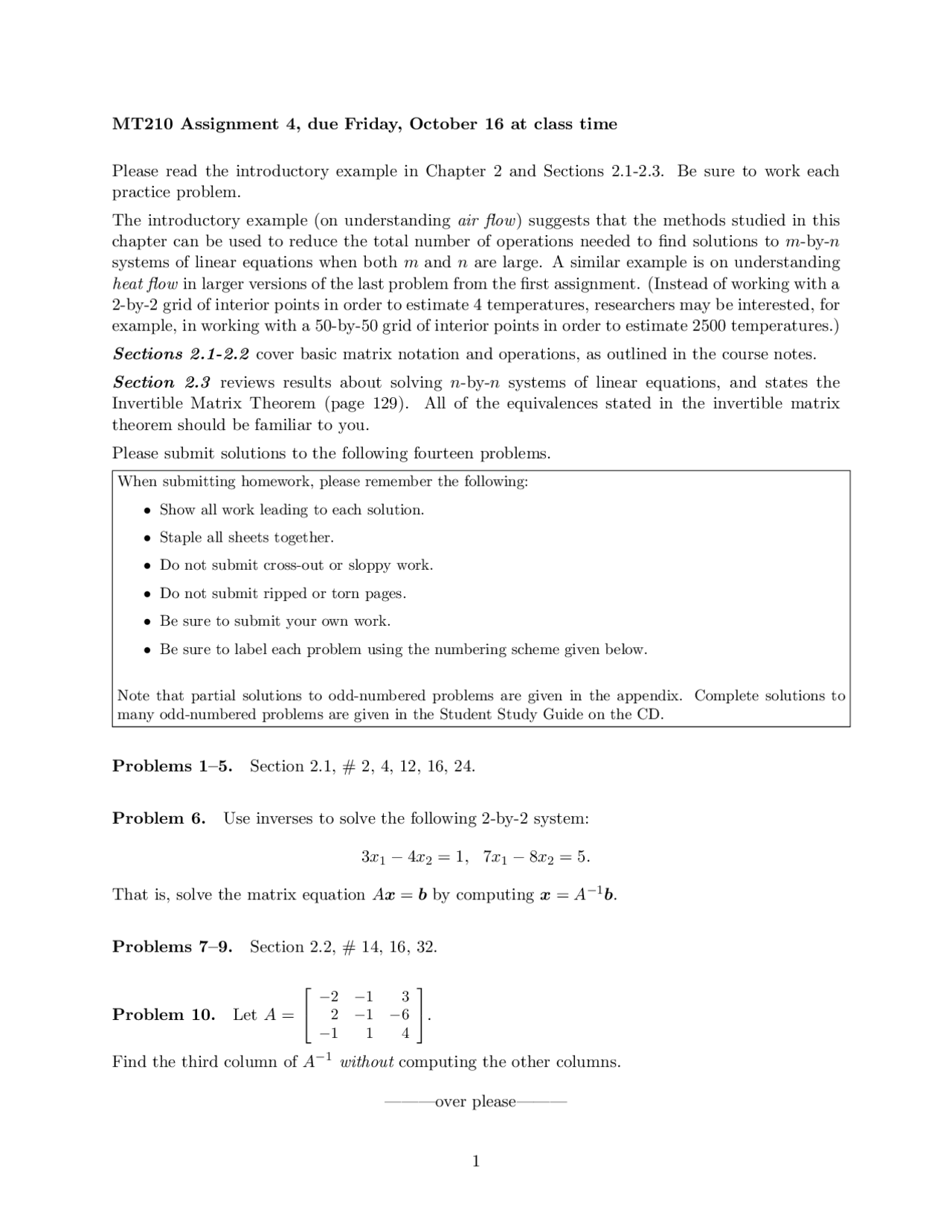 Linear Algebra - Assignment 4 Problem Set | MT 210 - Docsity