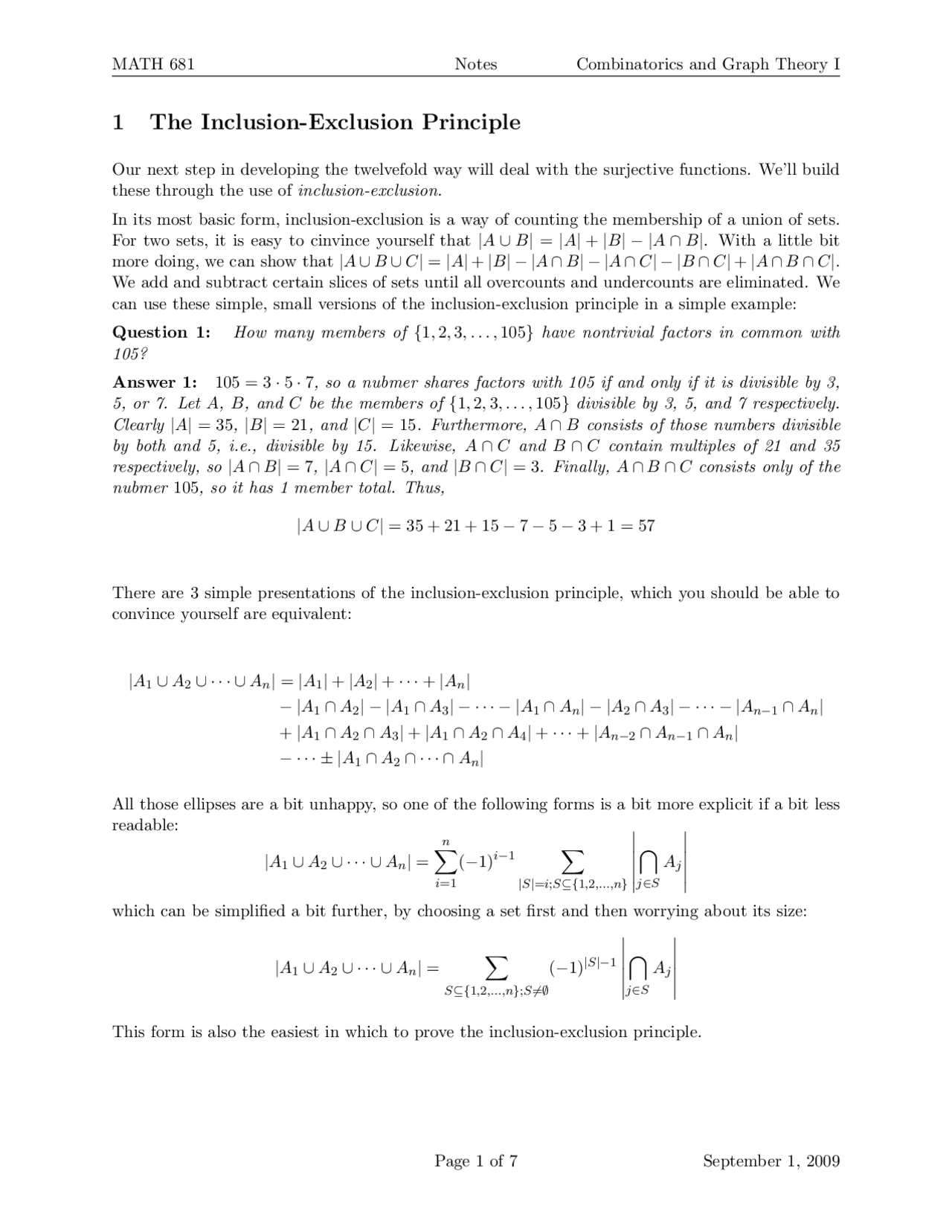 The Inclusion Exclusion Principles - Lecture Notes | MATH 681 | Study ...