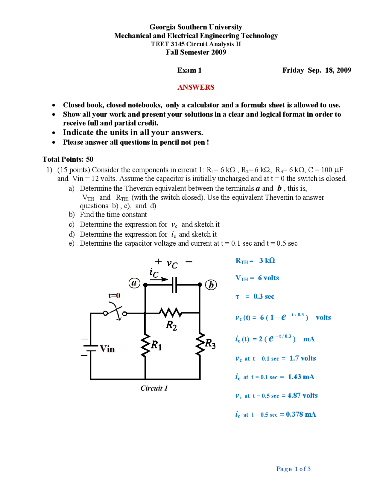 4 Problems with Answers on Circuit Analysis II - Exam 1 | TEET 3145 ...